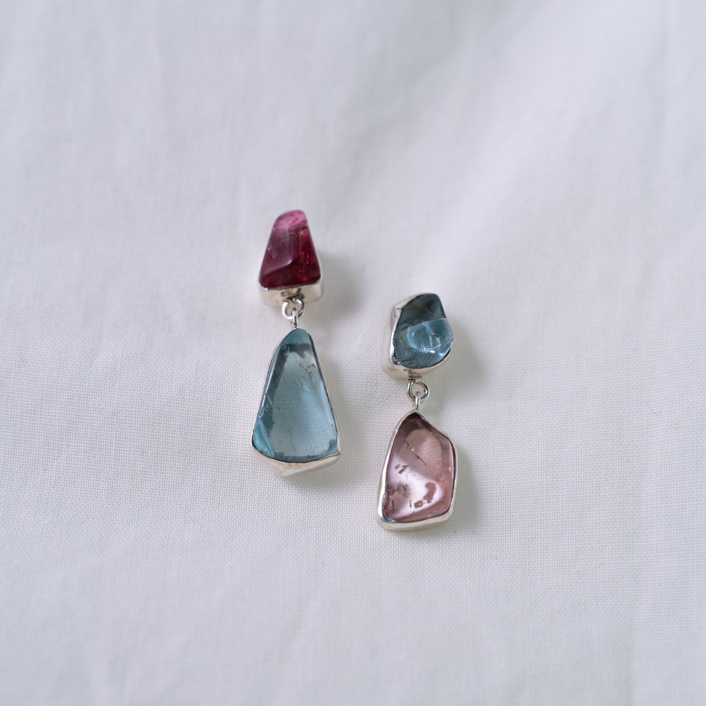 Pink tourmaline and natural aquamarine asymmetrical silver earrings