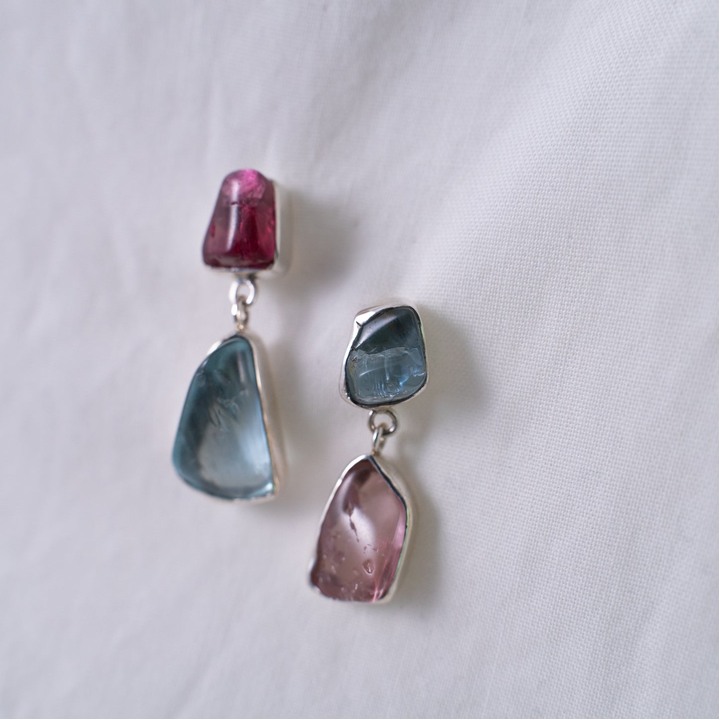 Pink tourmaline and natural aquamarine asymmetrical silver earrings