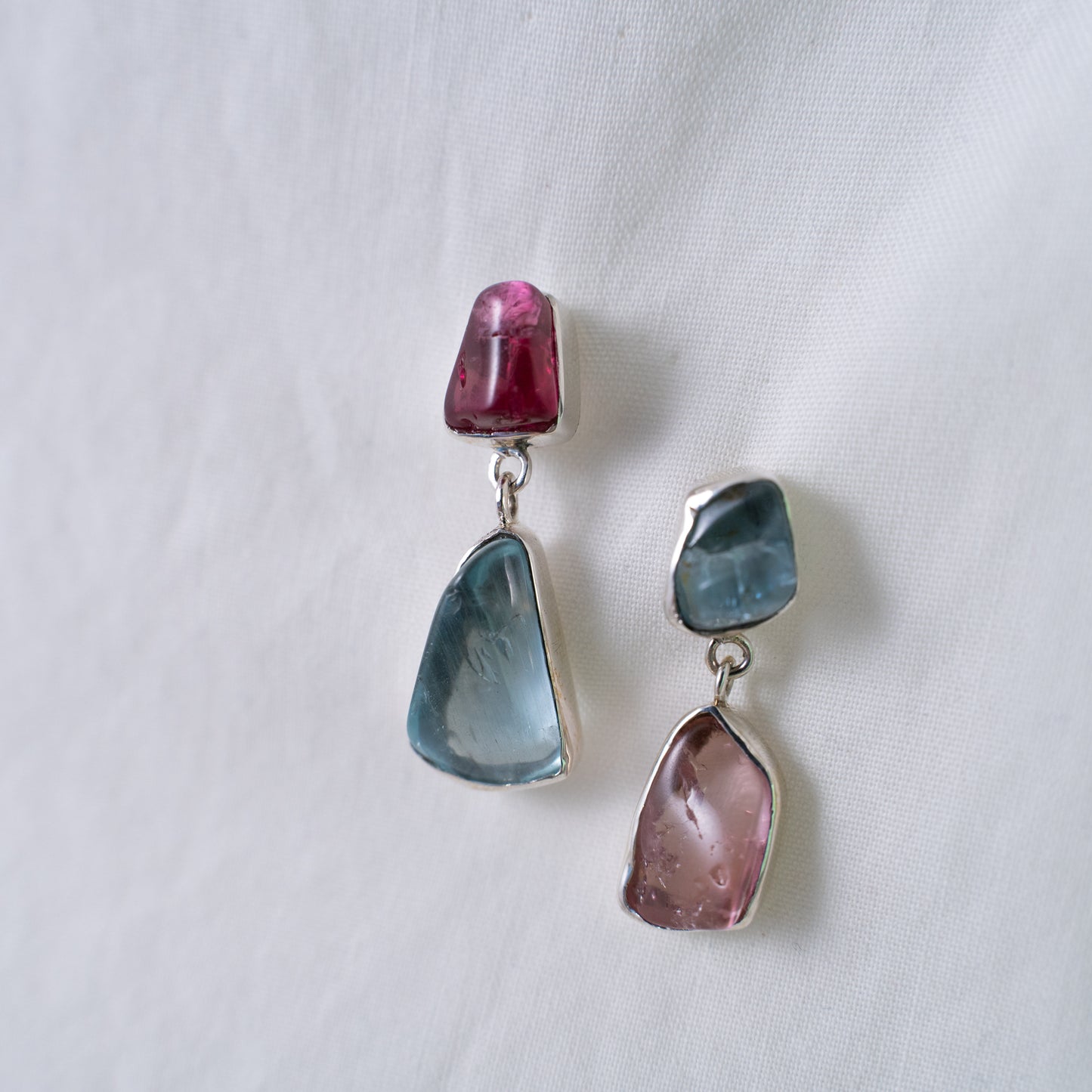 Pink tourmaline and natural aquamarine asymmetrical silver earrings