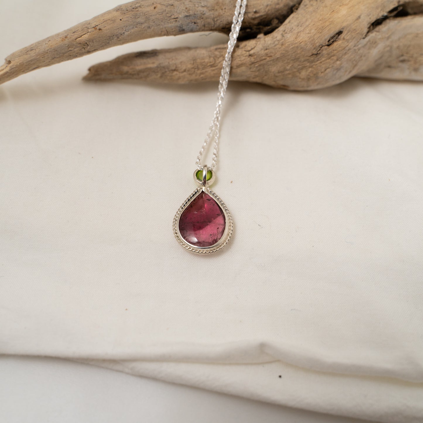 Bi-Color pink tourmaline and green peridot silver pendant