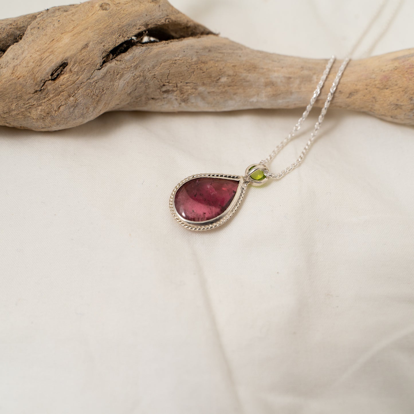 Bi-Color pink tourmaline and green peridot silver pendant