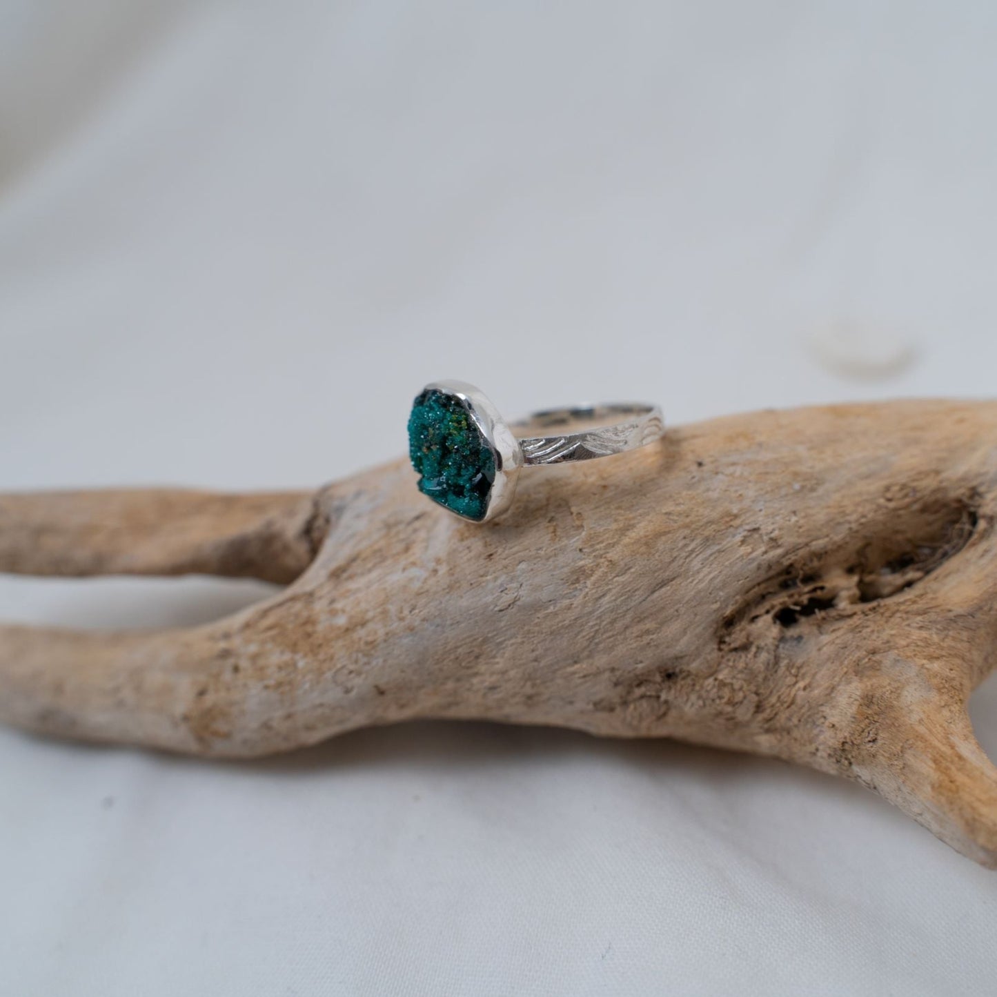 Dioptase silver textured ring