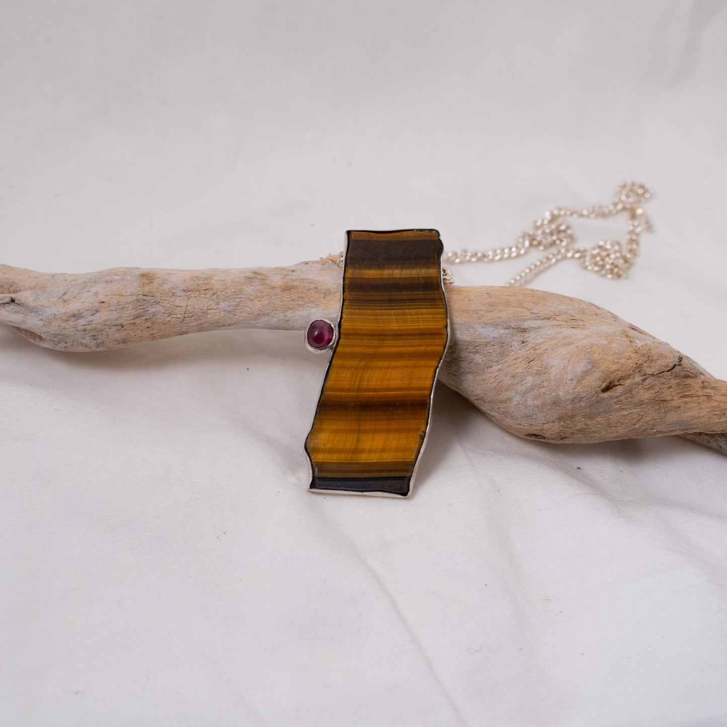 Large tiger’s eye and pink tourmaline statement silver pendant