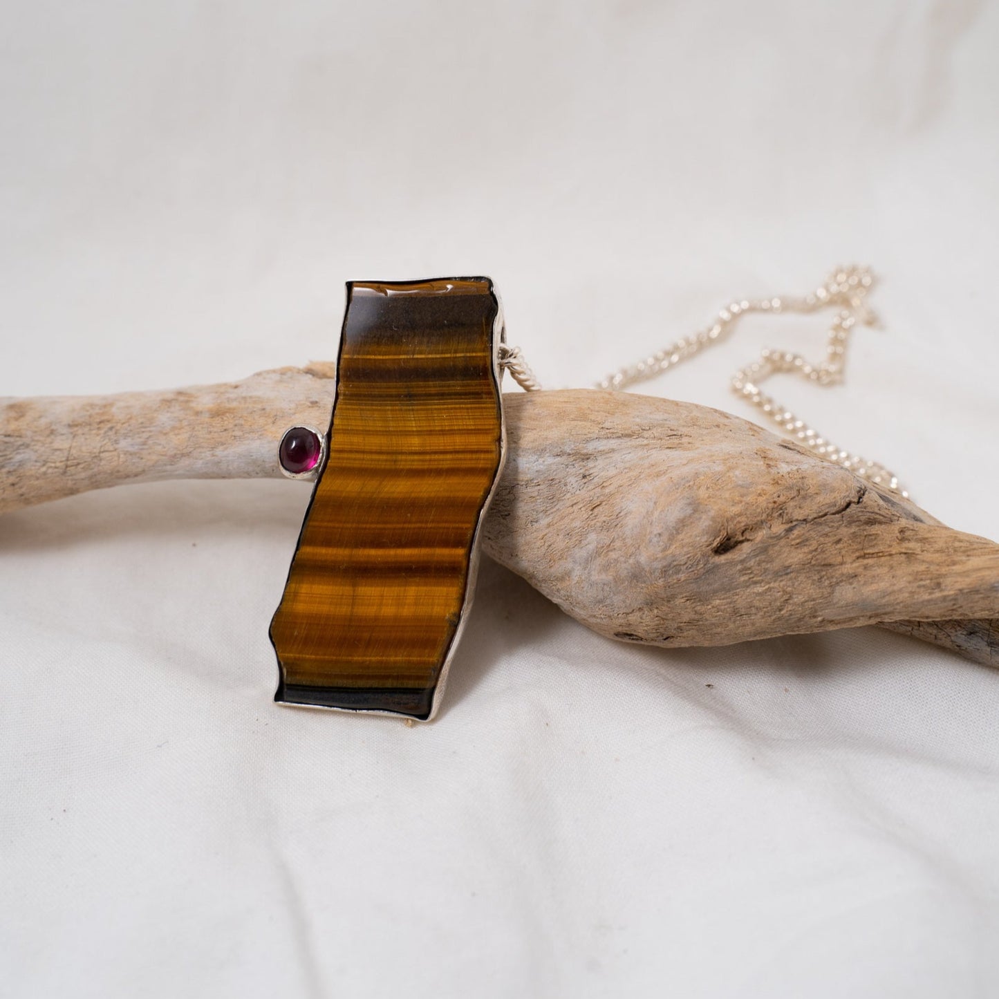 Large tiger’s eye and pink tourmaline statement silver pendant