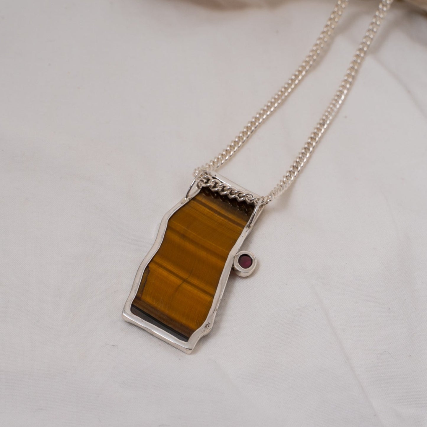 Large tiger’s eye and pink tourmaline statement silver pendant