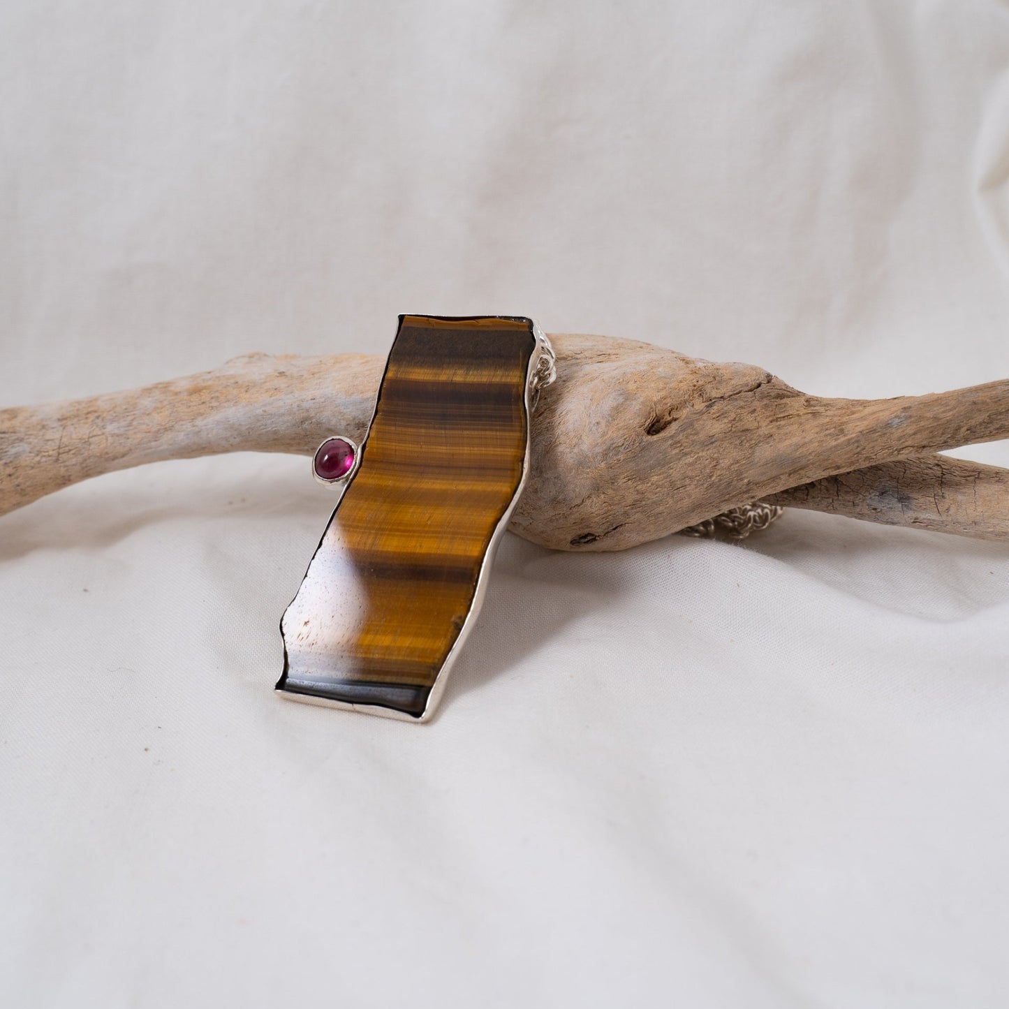 Large tiger’s eye and pink tourmaline statement silver pendant