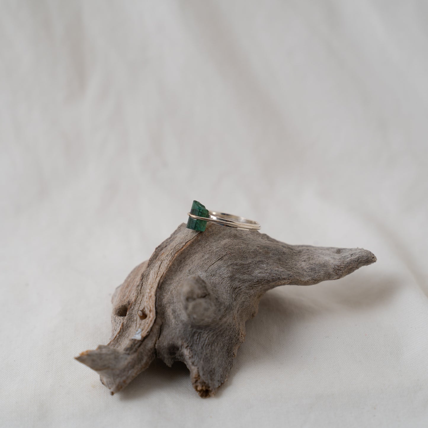 Raw green tourmaline, bohemian silver ring