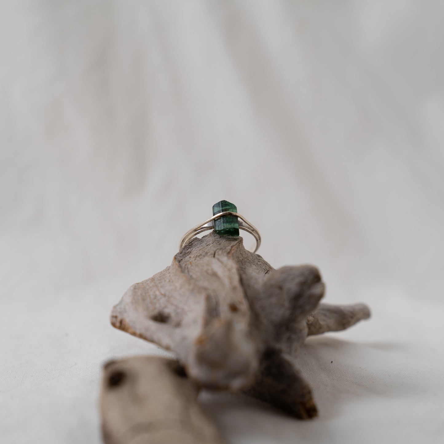 Raw green tourmaline, bohemian silver ring