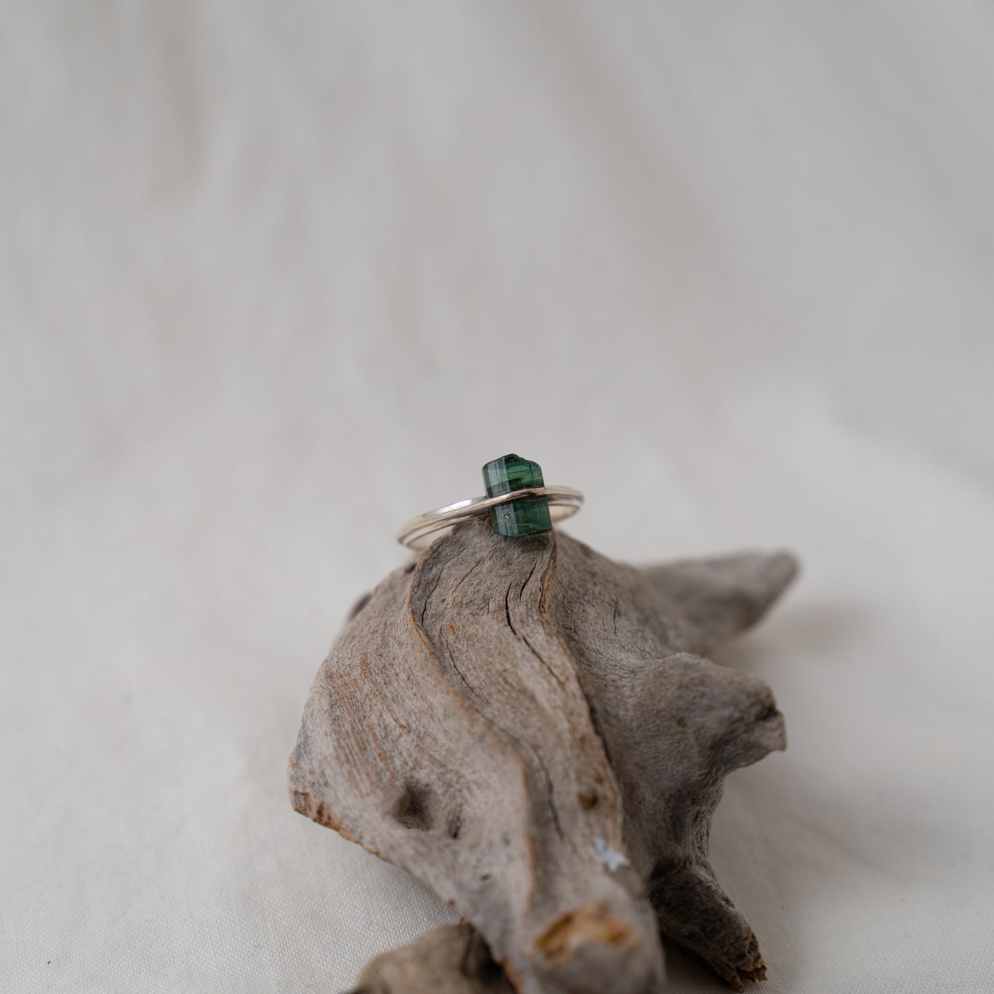 Raw green tourmaline, bohemian silver ring