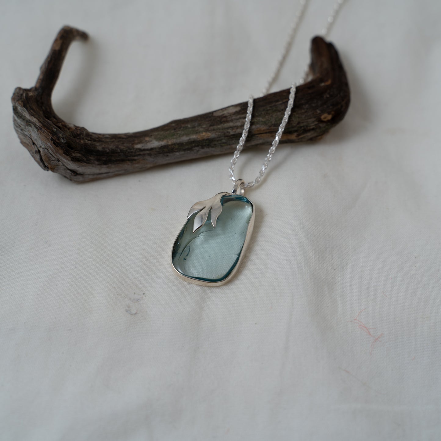 Aquamarine, floral leaf silver pendant