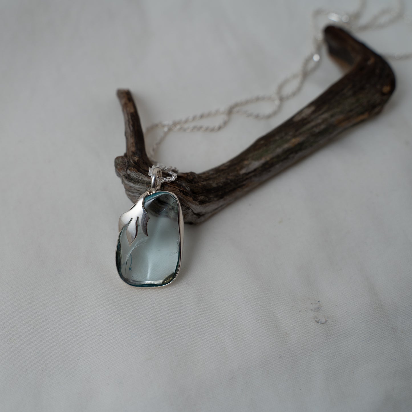 Aquamarine, floral leaf silver pendant