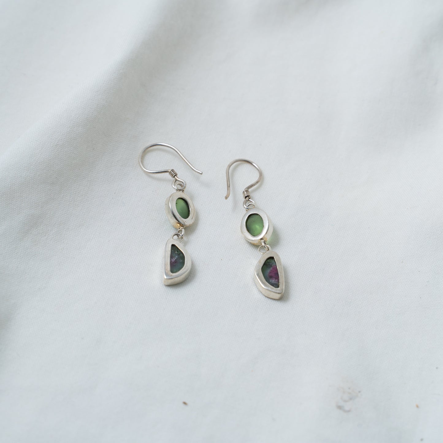 Green and watermelon tourmaline silver dangle earrings