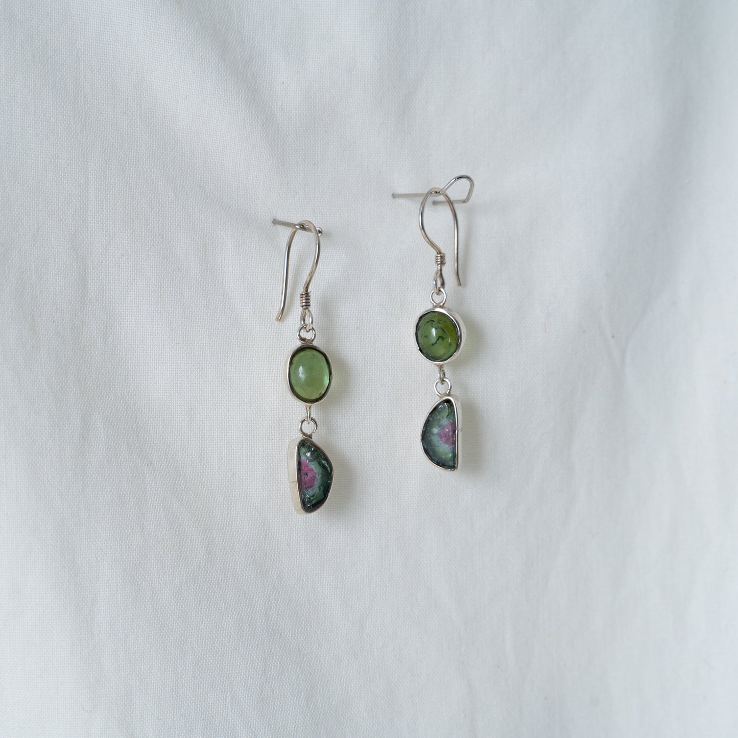 Green and watermelon tourmaline silver dangle earrings