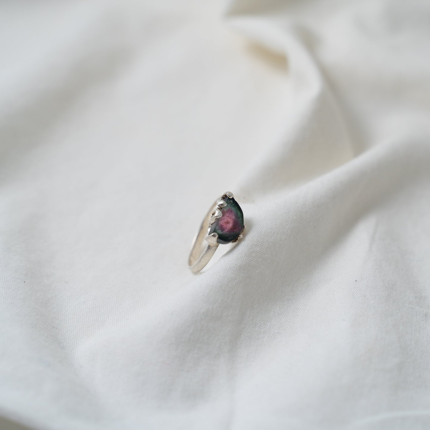 Watermelon tourmaline (half moon shaped) silver ring