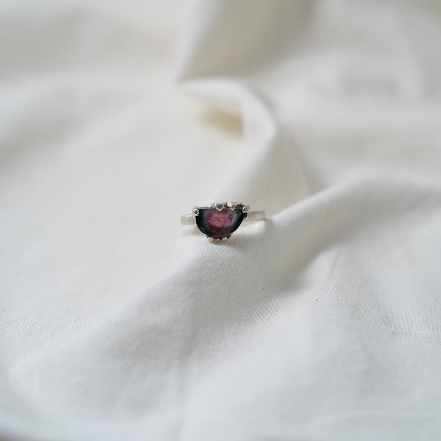 Watermelon tourmaline (half moon shaped) silver ring
