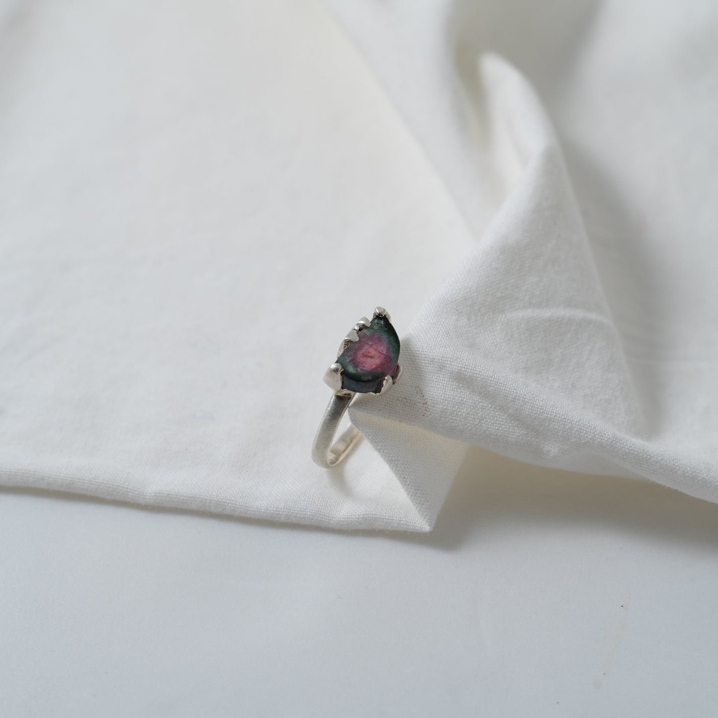 Watermelon tourmaline (half moon shaped) silver ring