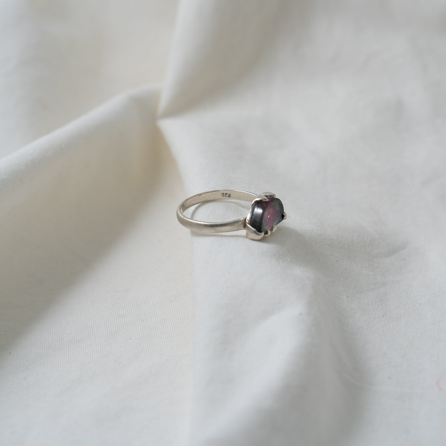 Watermelon tourmaline (half moon shaped) silver ring