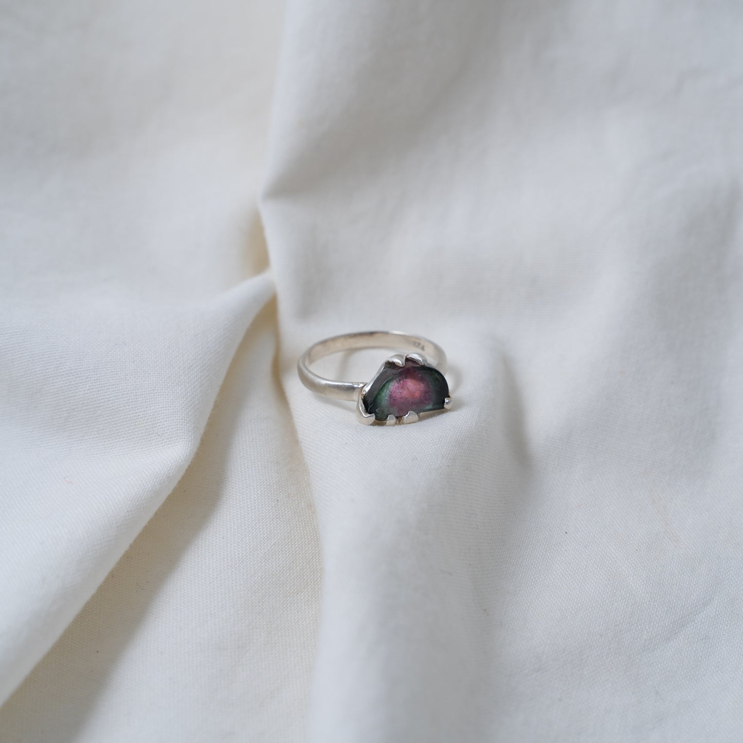 Watermelon tourmaline (half moon shaped) silver ring