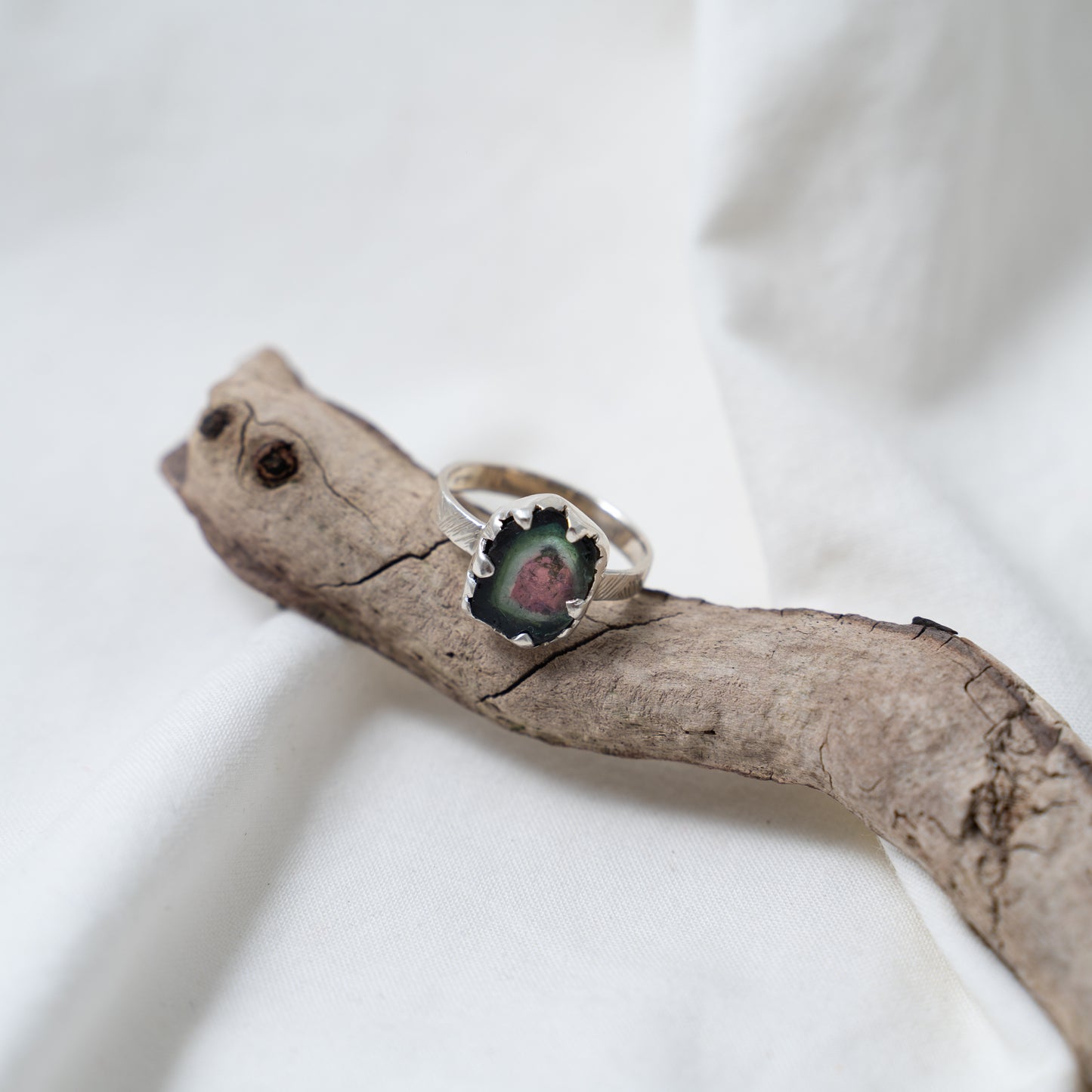 Organically shaped watermelon tourmaline silver ring