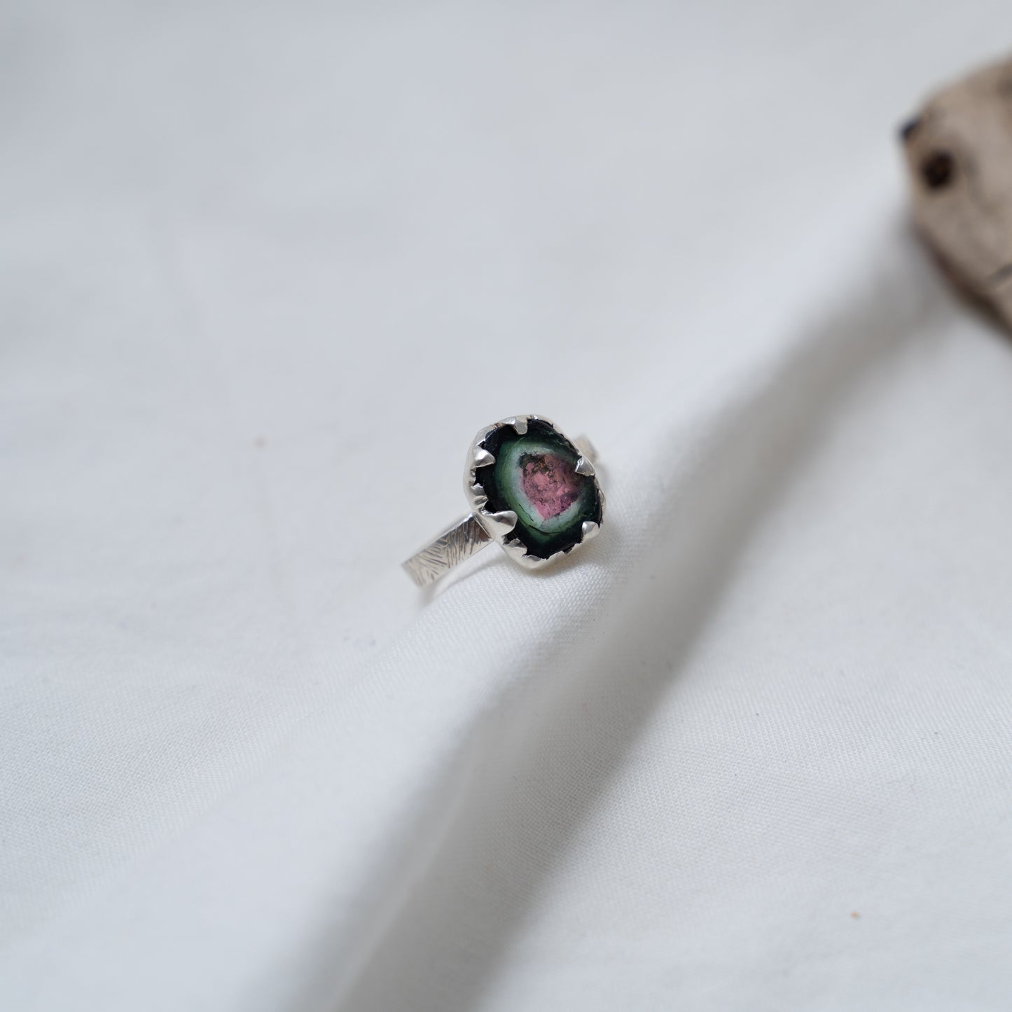 Organically shaped watermelon tourmaline silver ring