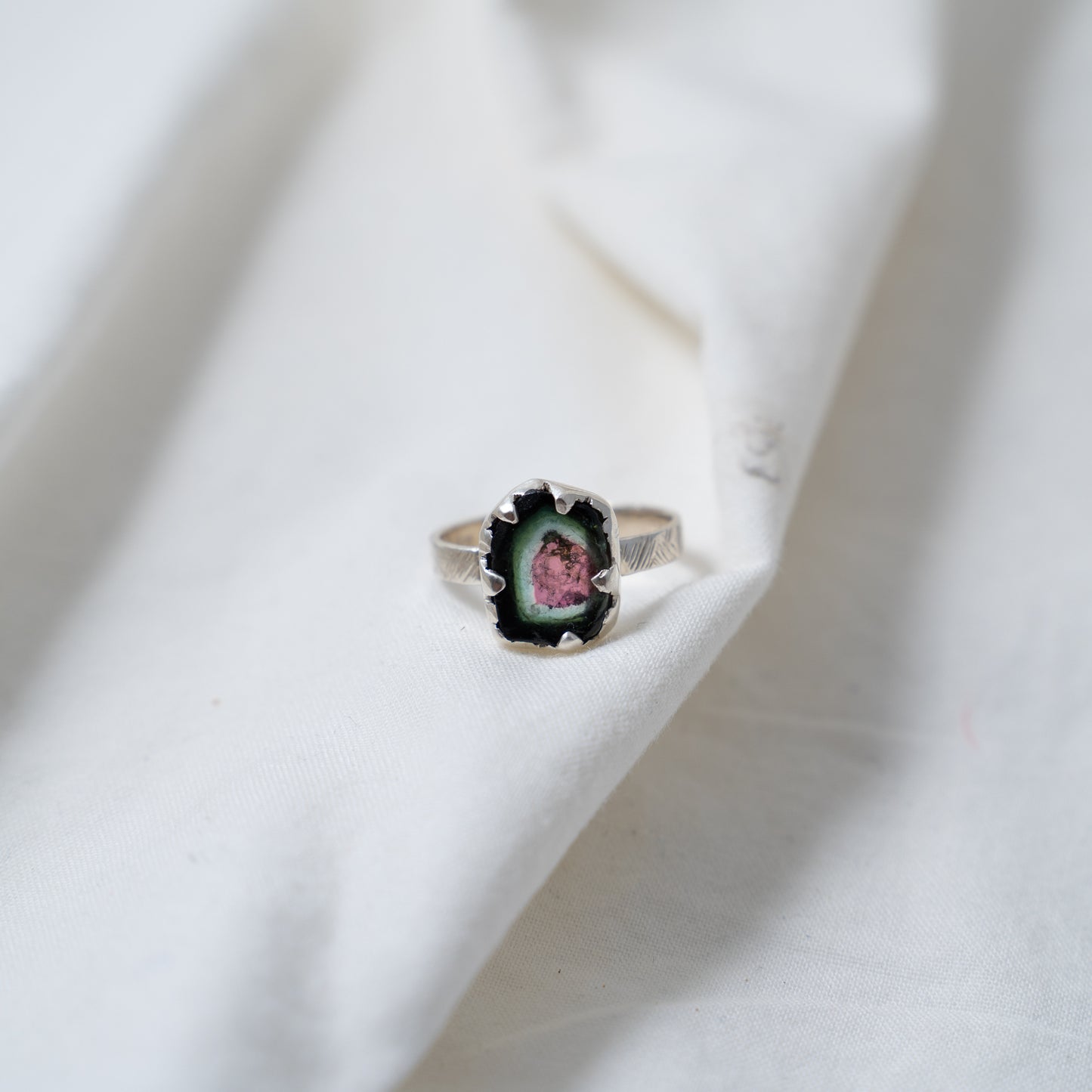 Organically shaped watermelon tourmaline silver ring