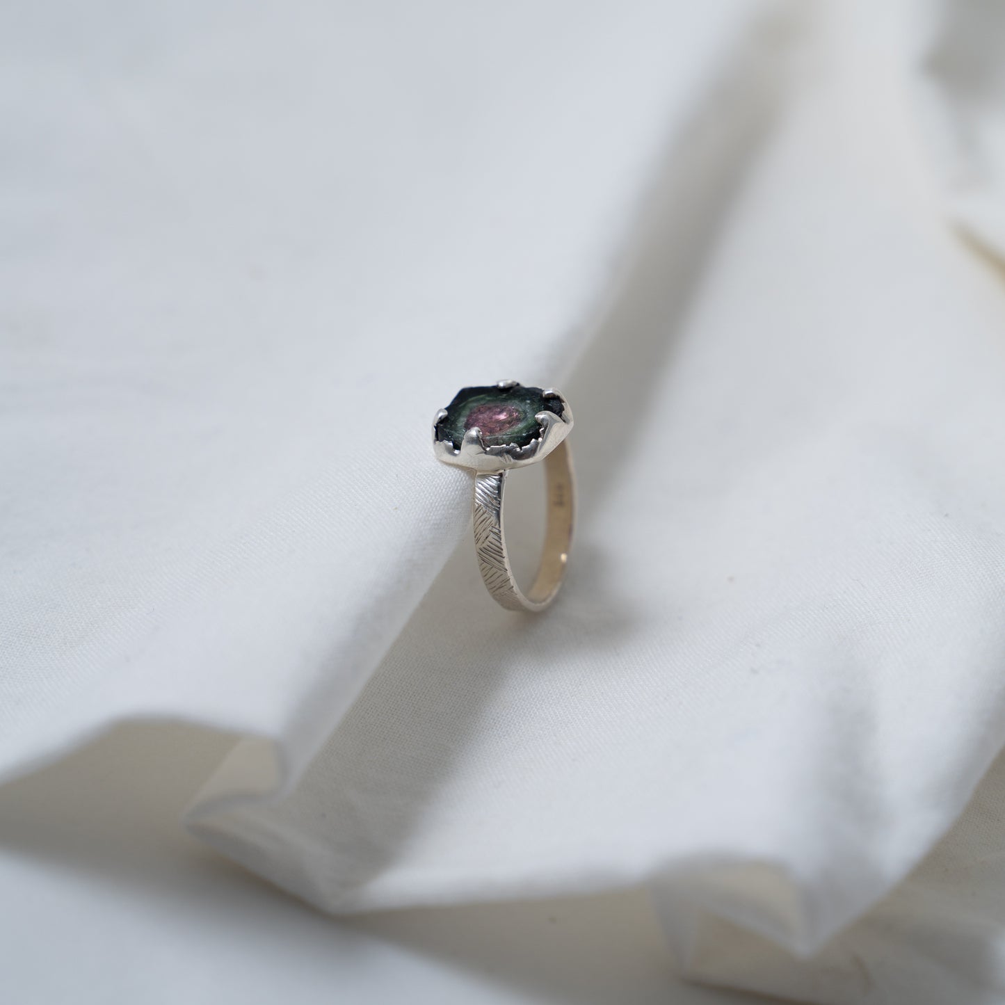Organically shaped watermelon tourmaline silver ring
