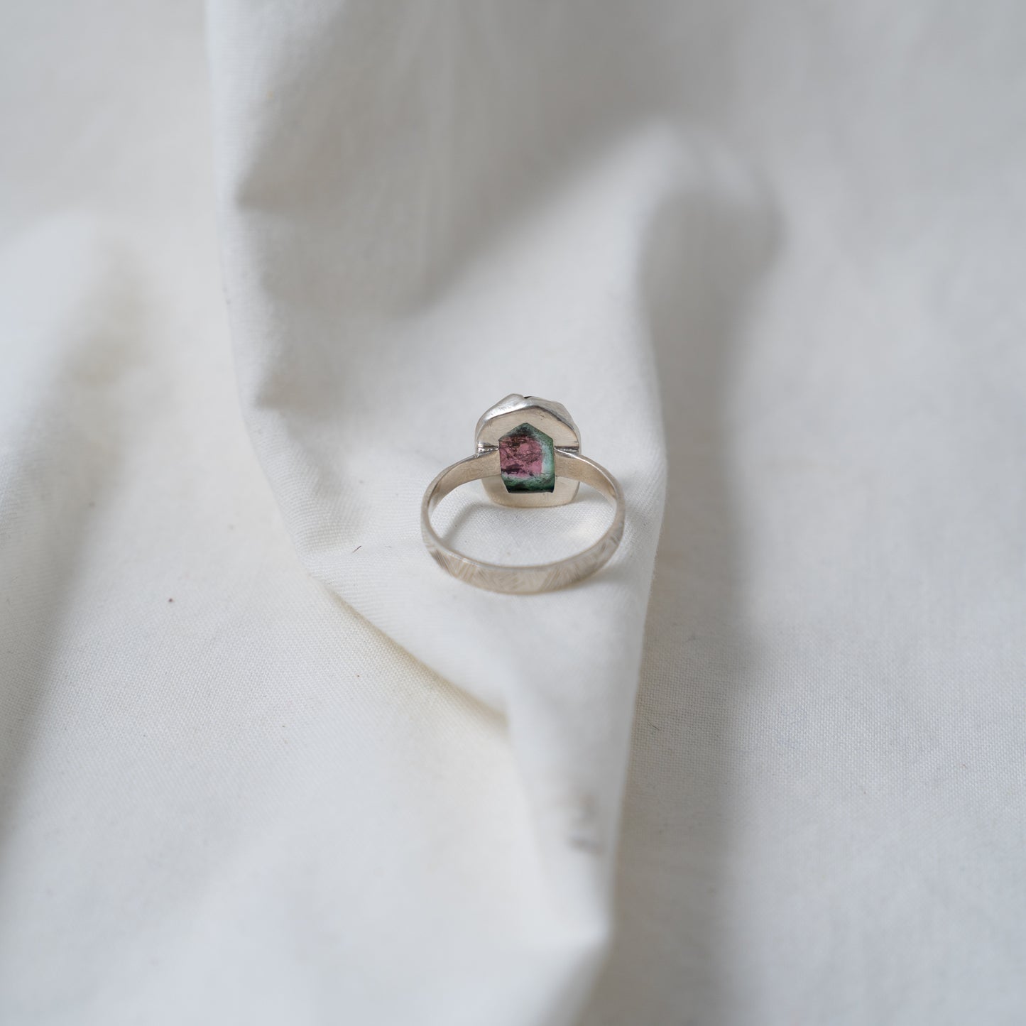 Organically shaped watermelon tourmaline silver ring