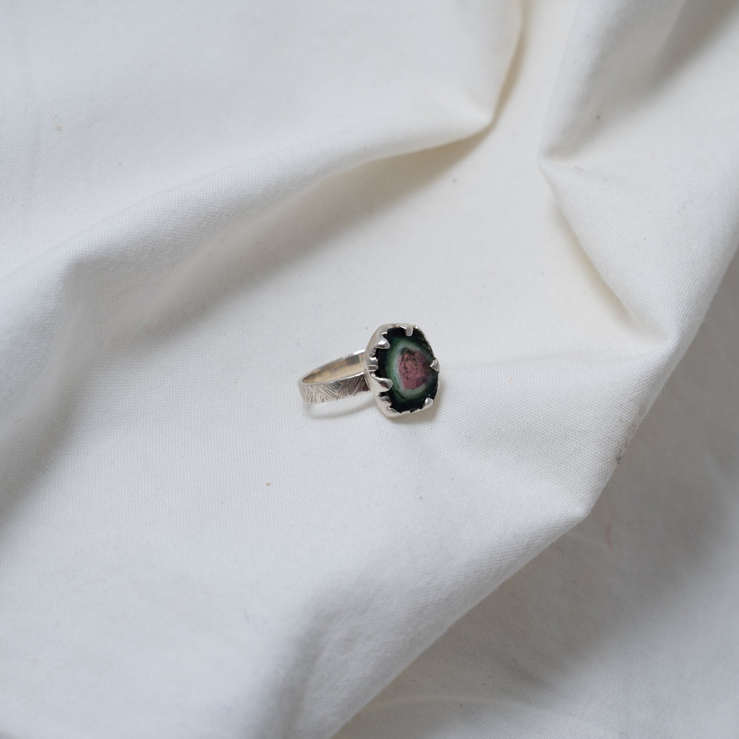 Organically shaped watermelon tourmaline silver ring
