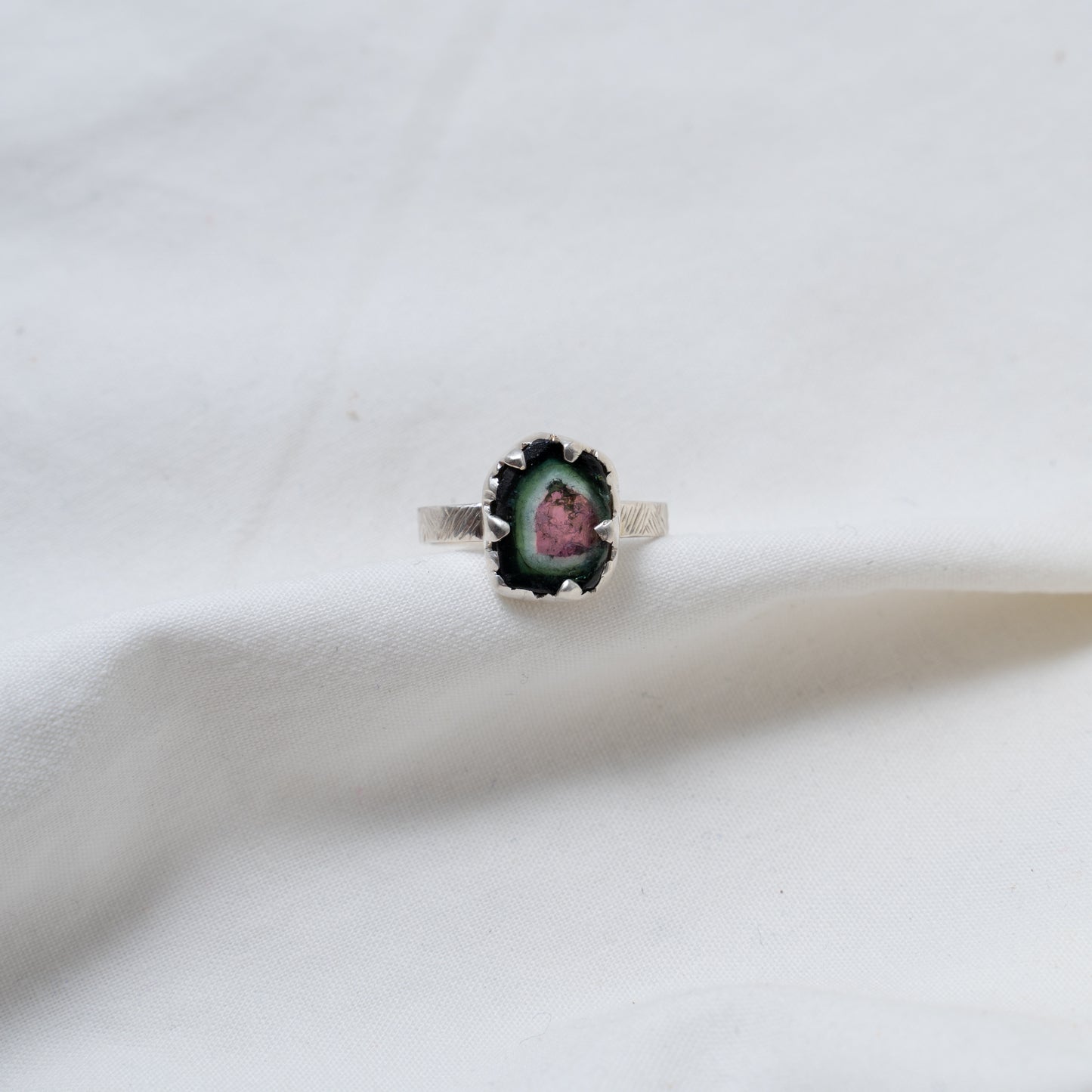 Organically shaped watermelon tourmaline silver ring