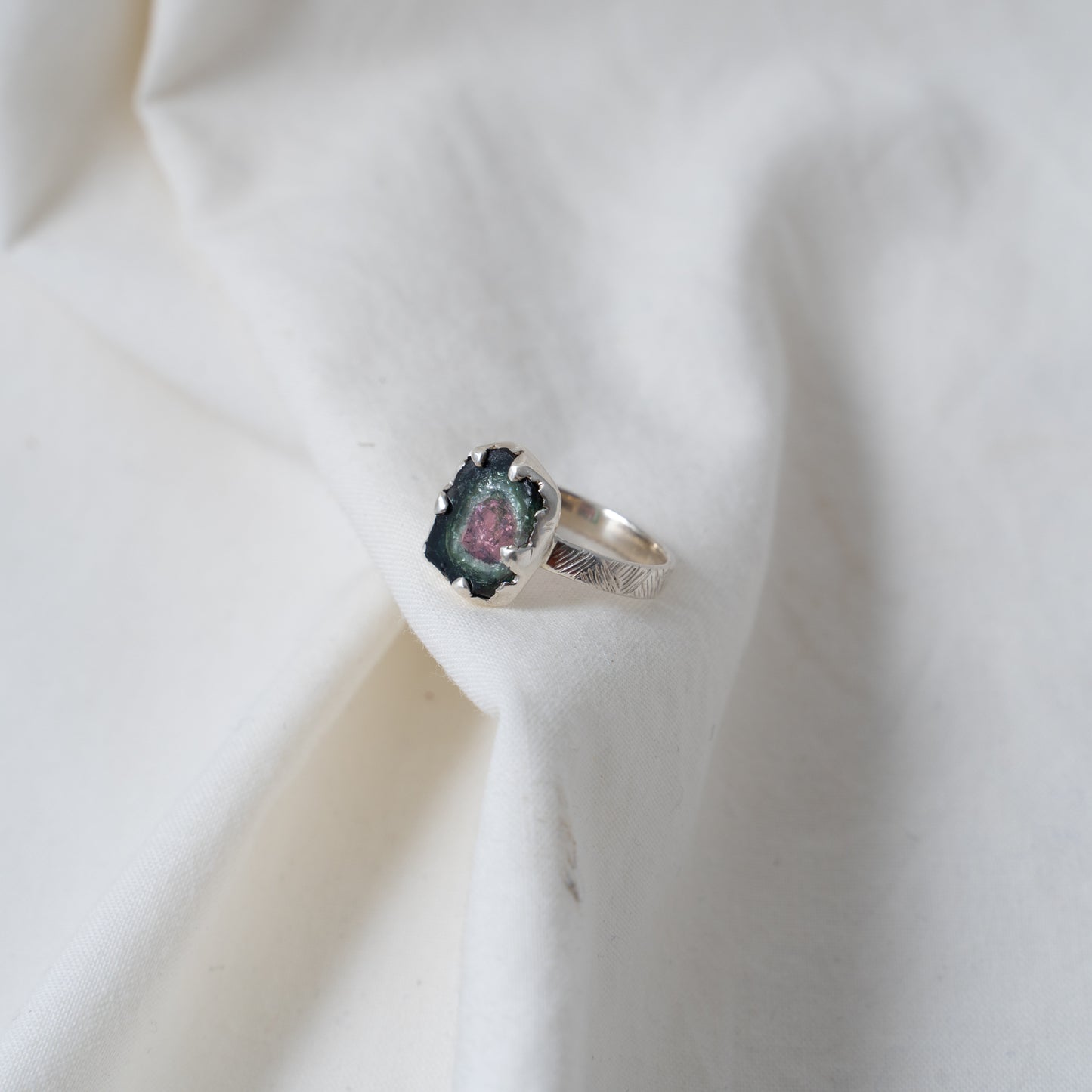 Organically shaped watermelon tourmaline silver ring