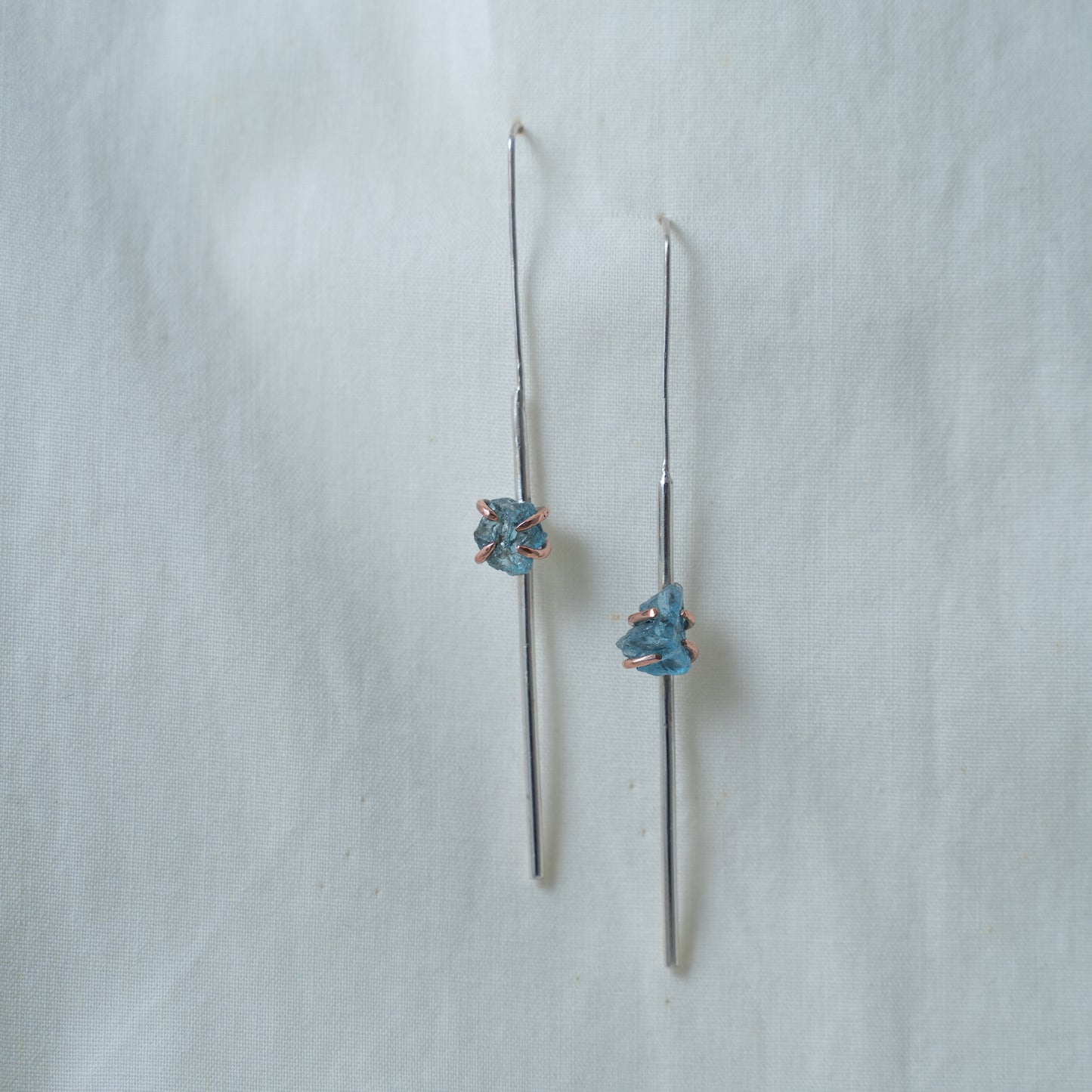 Silver and Copper statement line earrings set with raw aquamarines
