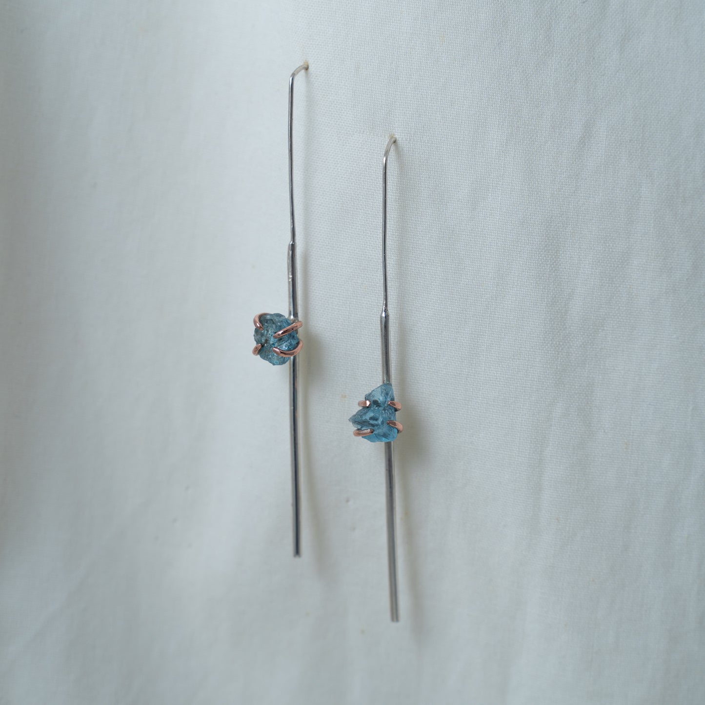 Silver and Copper statement line earrings set with raw aquamarines