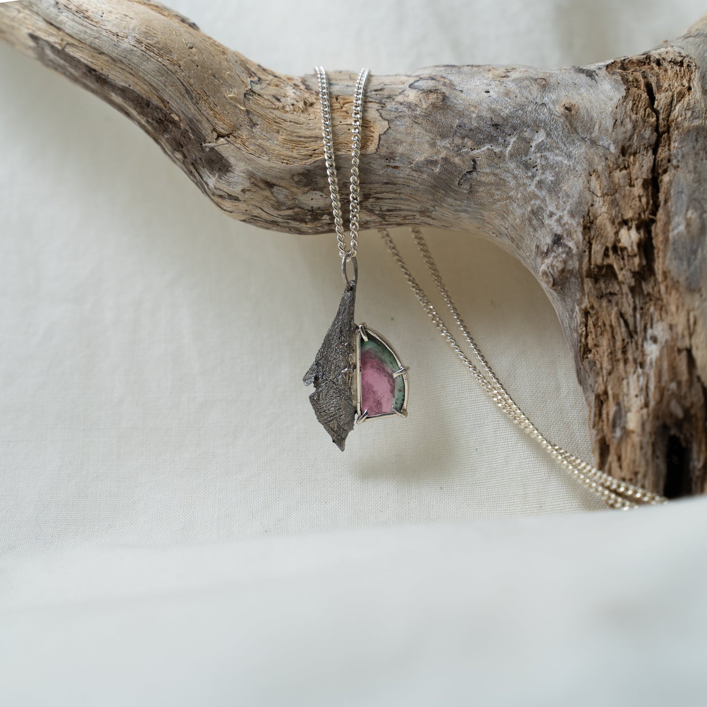 Altair | meteorite and watermelon tourmaline silver necklace