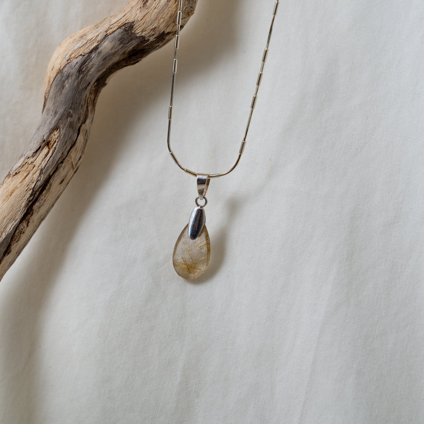 Rutilated quartz silver pendant necklace