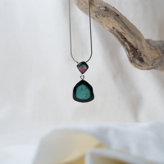 Double watermelon tourmaline set in silver drop necklace