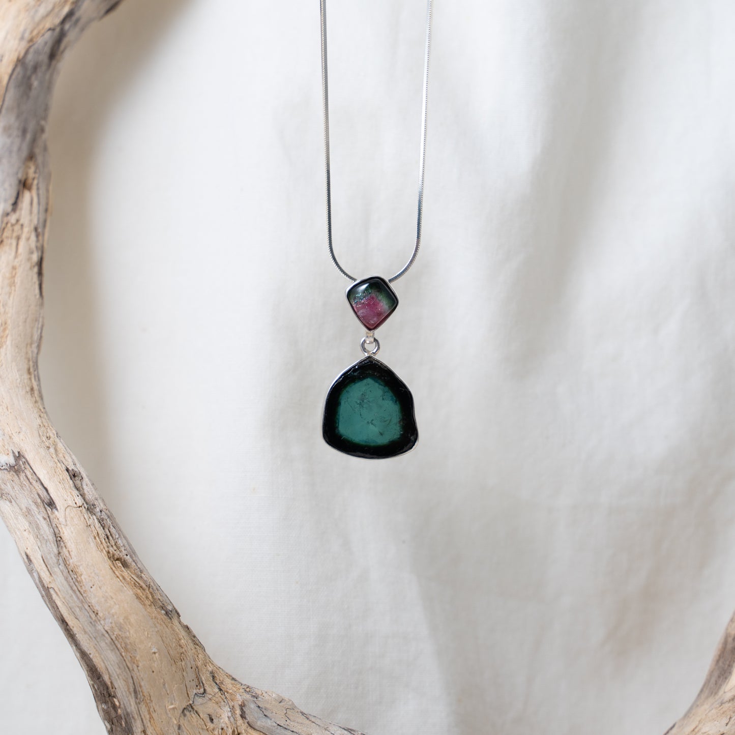 Double watermelon tourmaline set in silver drop necklace