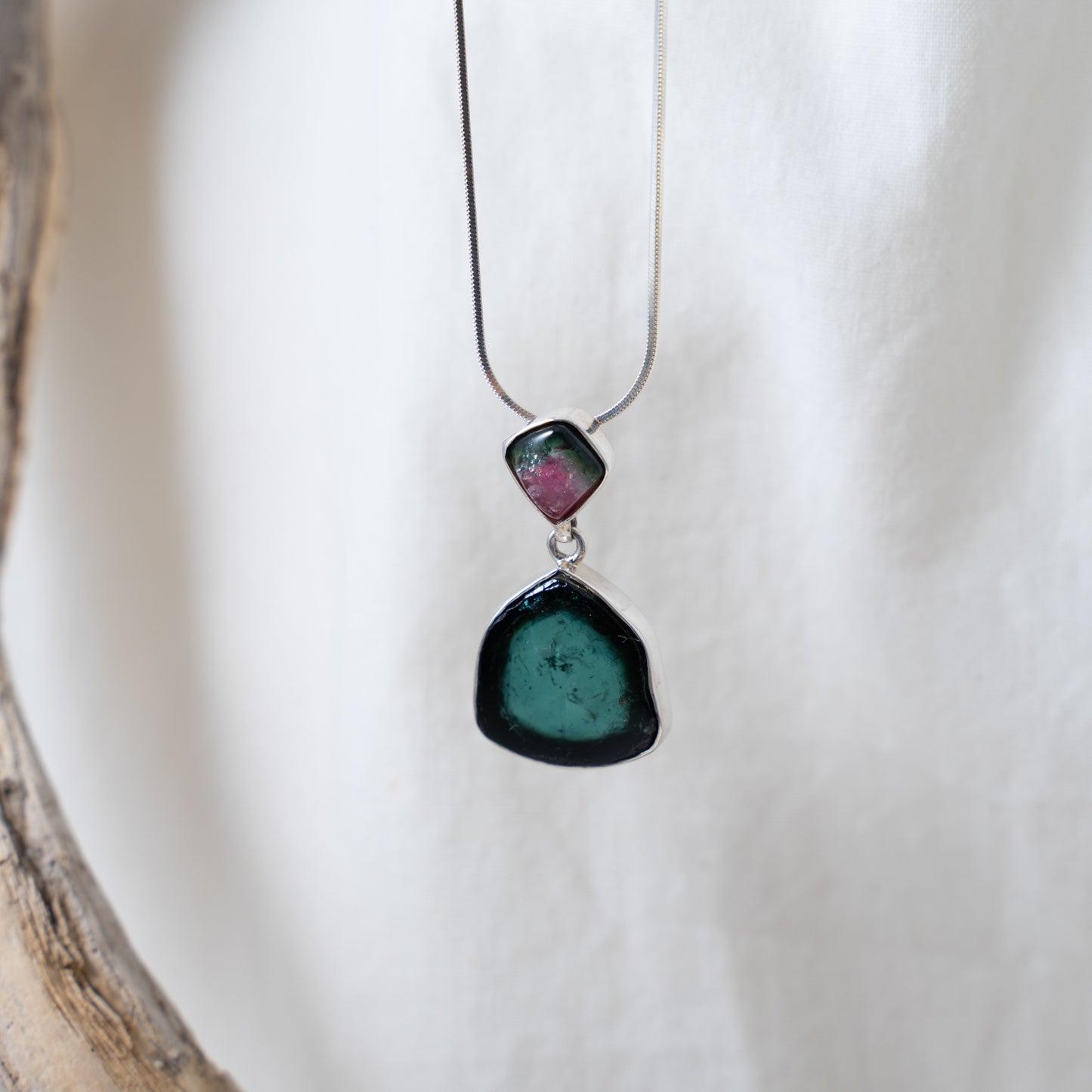 Double watermelon tourmaline set in silver drop necklace