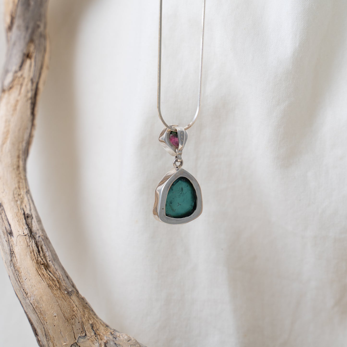 Double watermelon tourmaline set in silver drop necklace