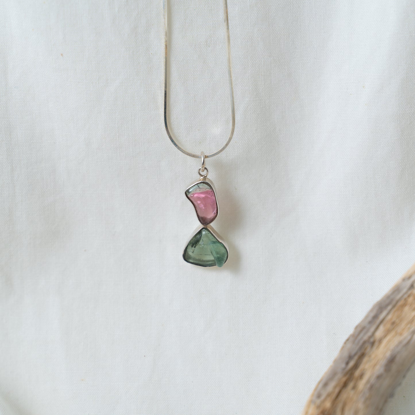 Ethereal translucent, watermelon and green tourmaline silver pendant