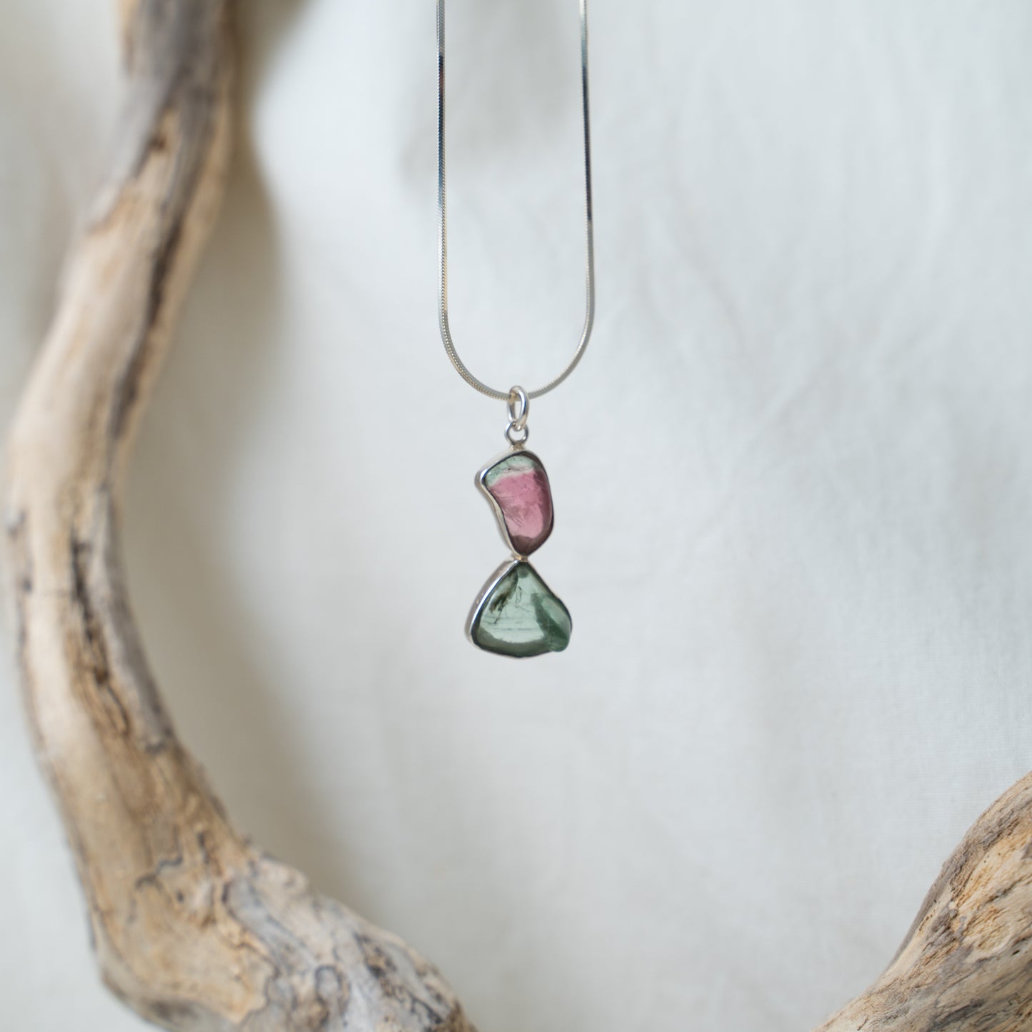 Ethereal translucent, watermelon and green tourmaline silver pendant
