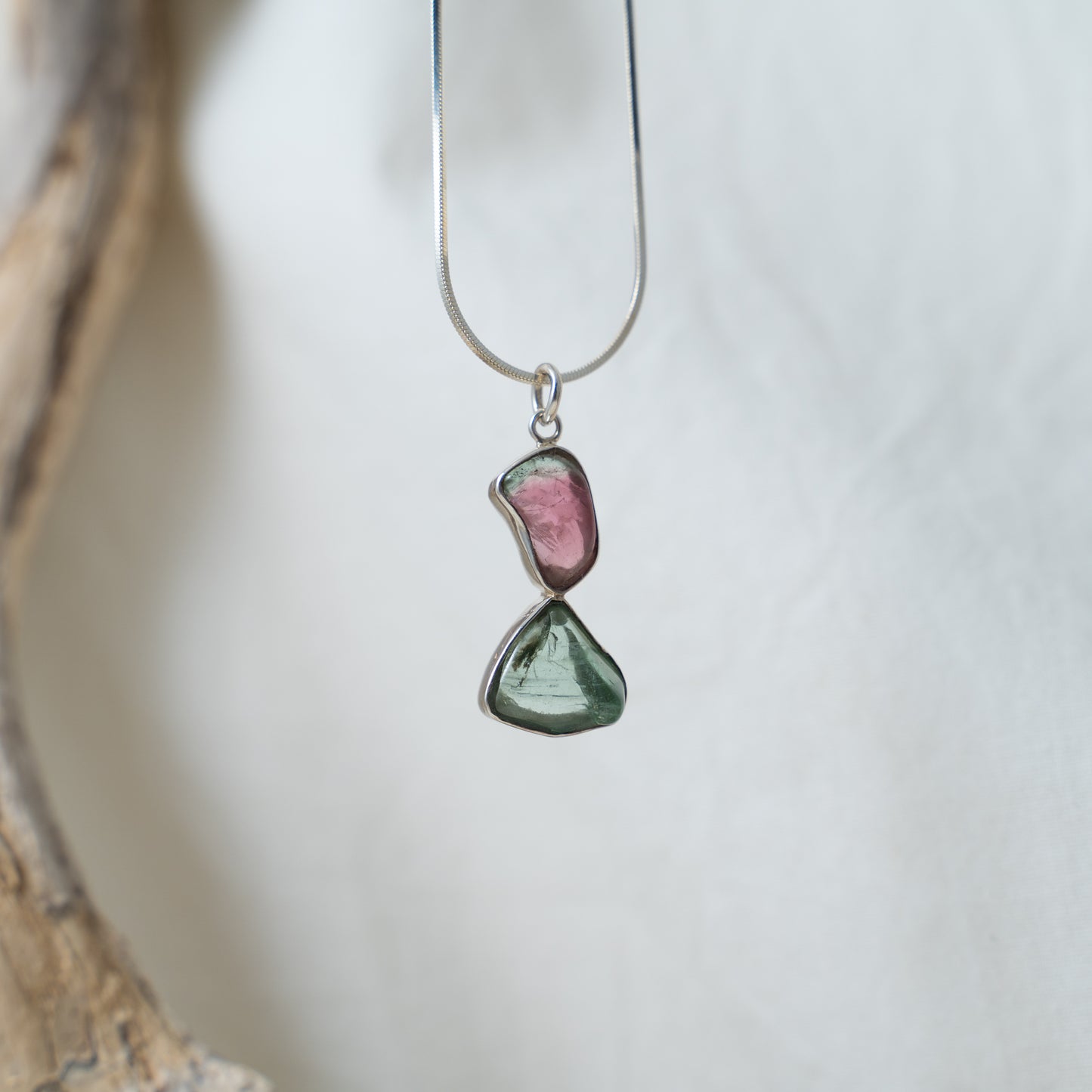 Ethereal translucent, watermelon and green tourmaline silver pendant