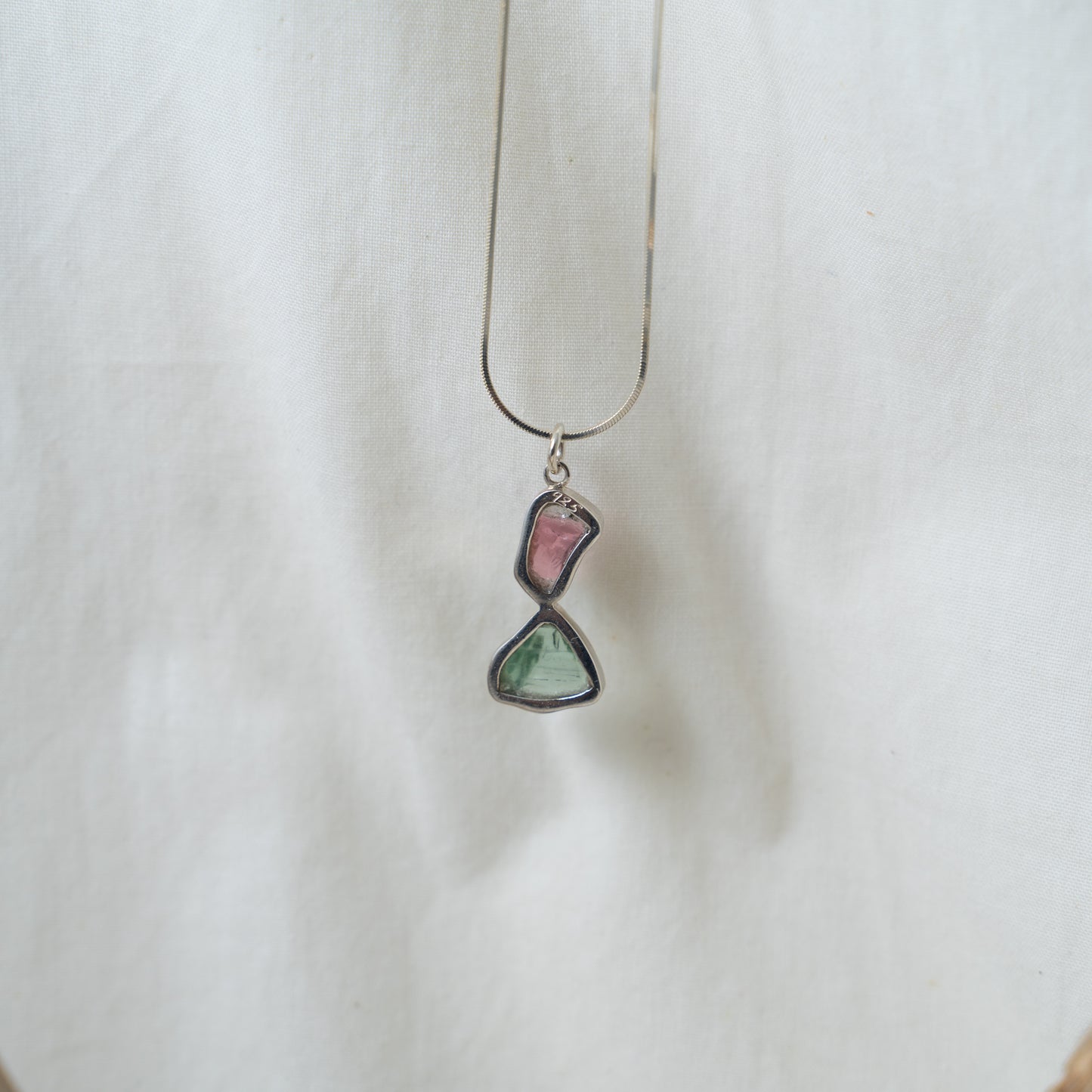 Ethereal translucent, watermelon and green tourmaline silver pendant