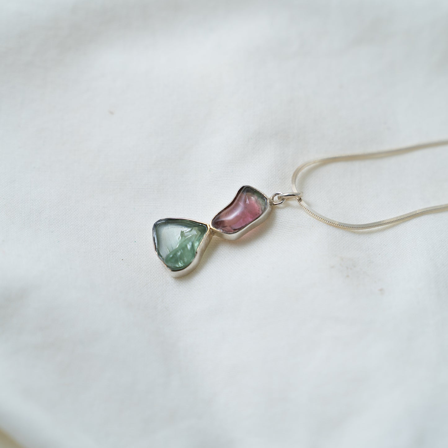 Ethereal translucent, watermelon and green tourmaline silver pendant