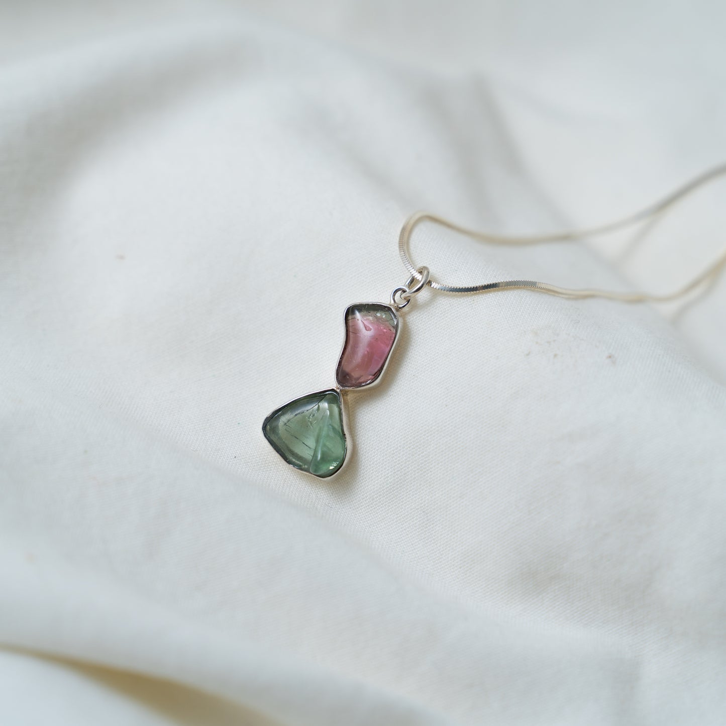 Ethereal translucent, watermelon and green tourmaline silver pendant