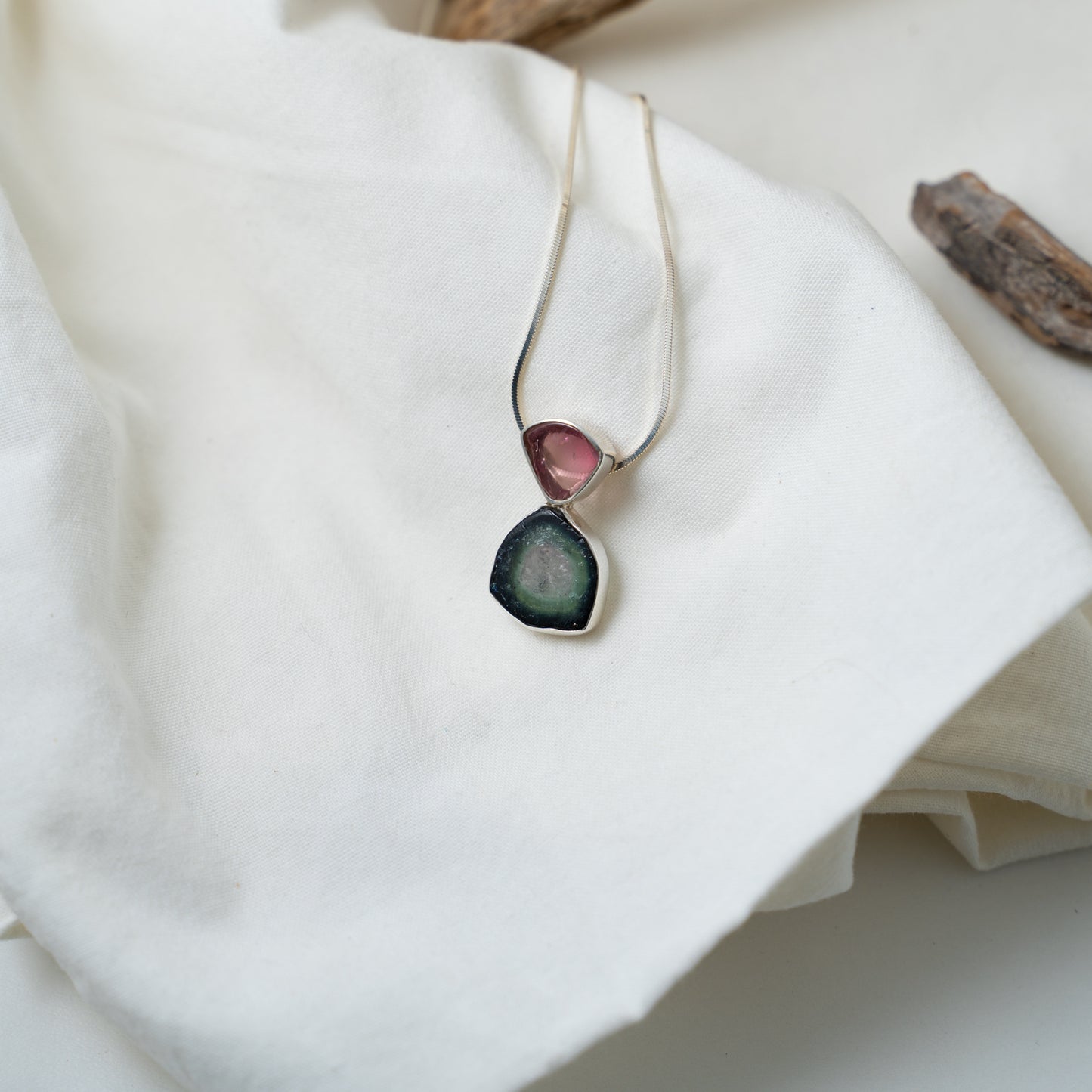 watermelon and pink tourmaline silver pendant