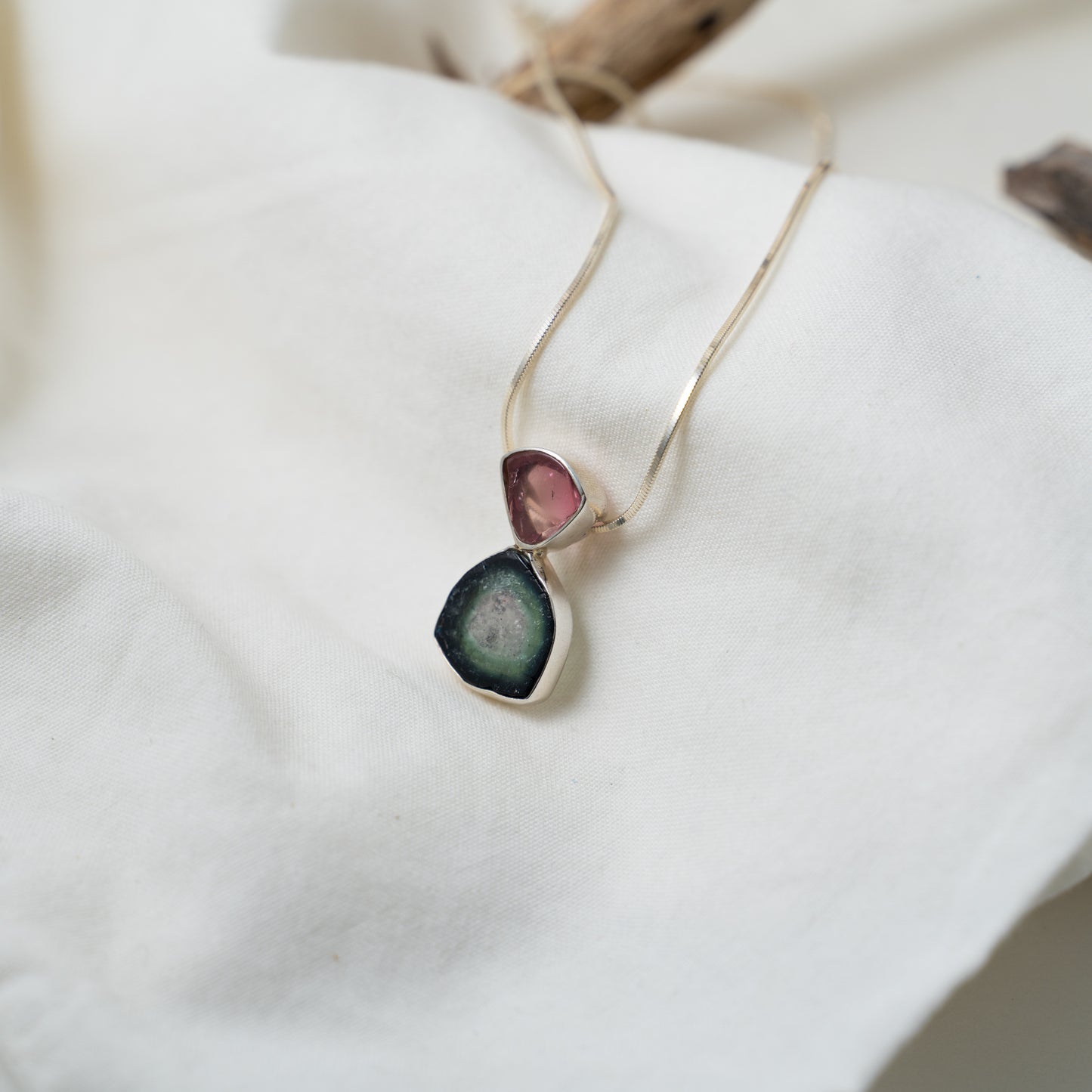 watermelon and pink tourmaline silver pendant