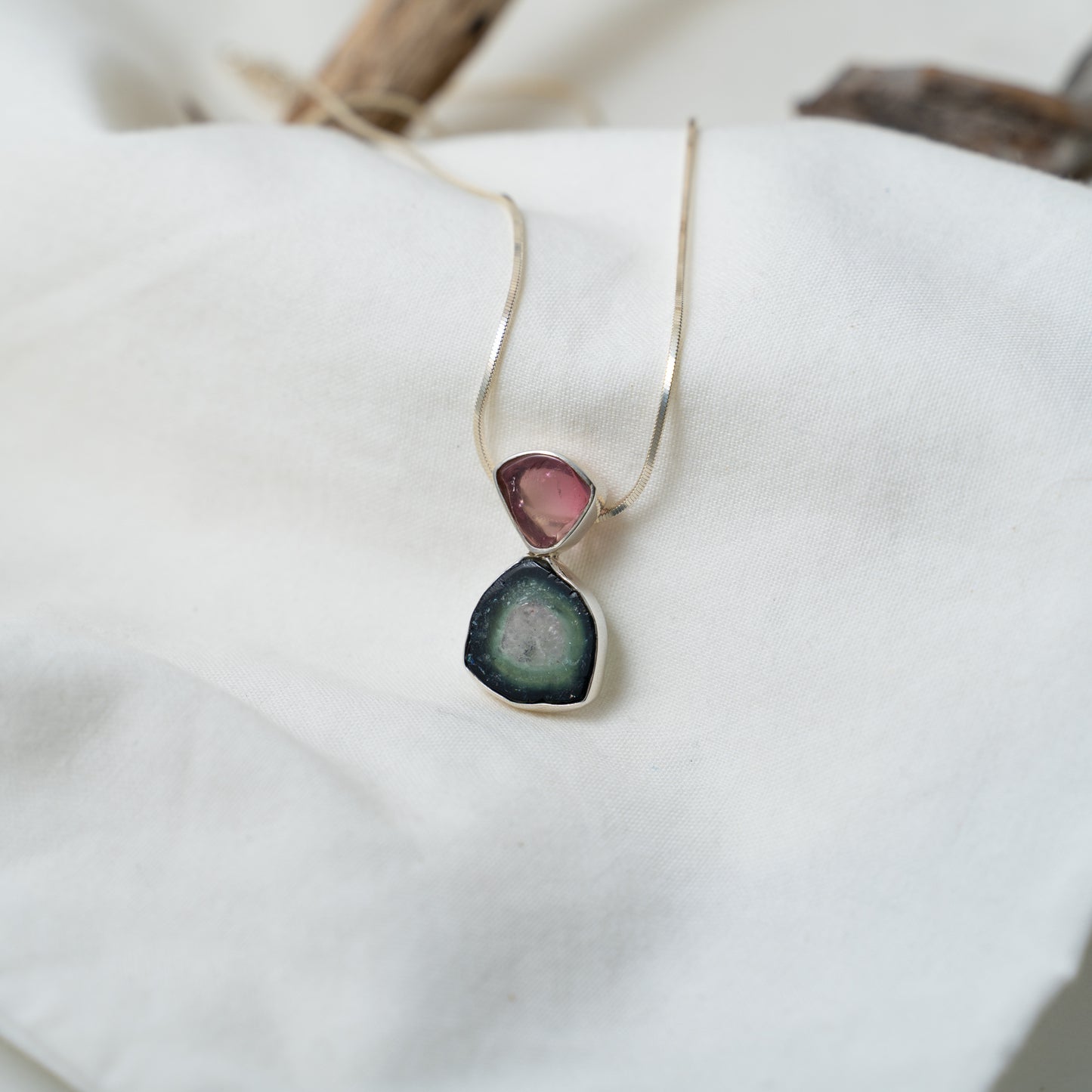 watermelon and pink tourmaline silver pendant