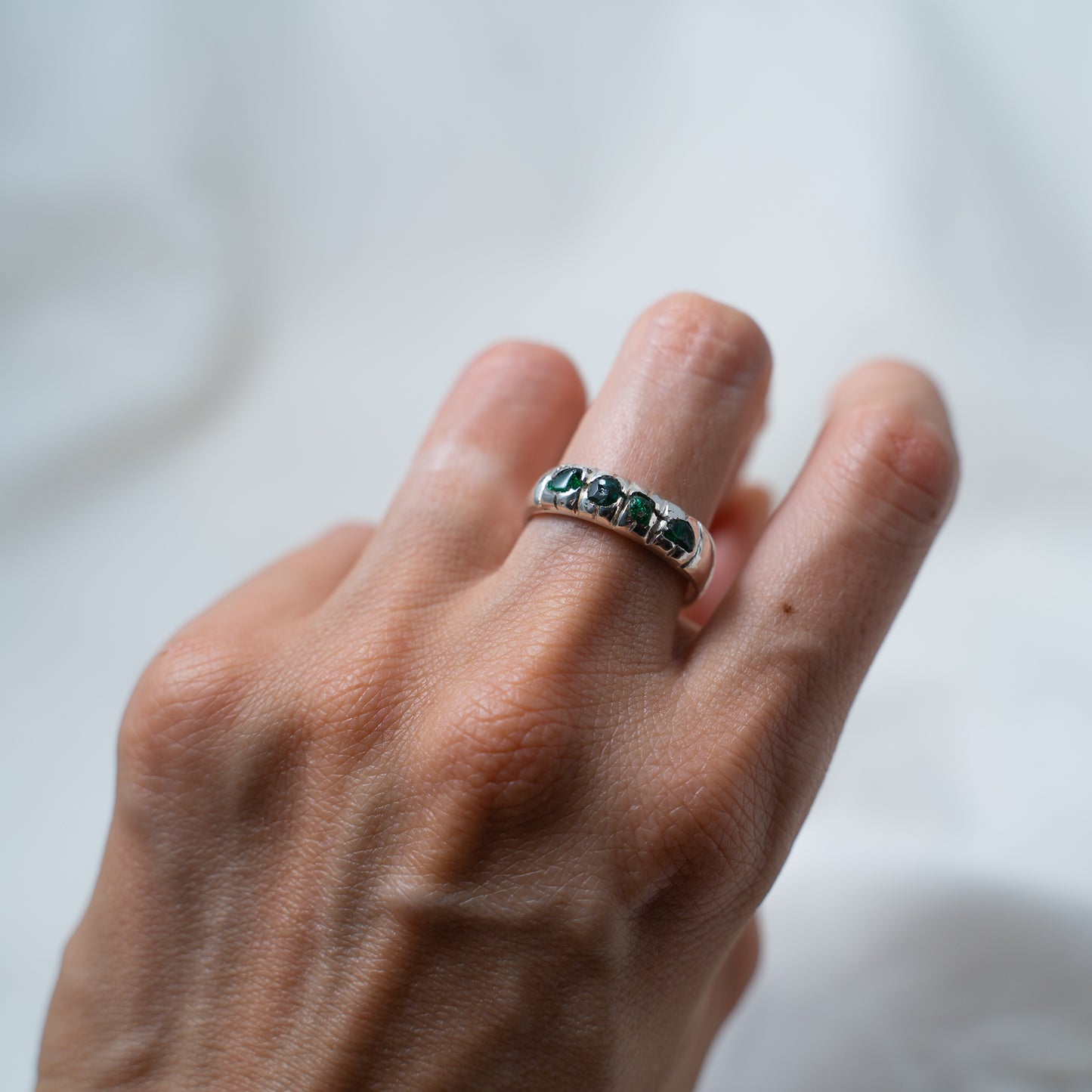 Modern, rugged, raw emerald, Silver Ring