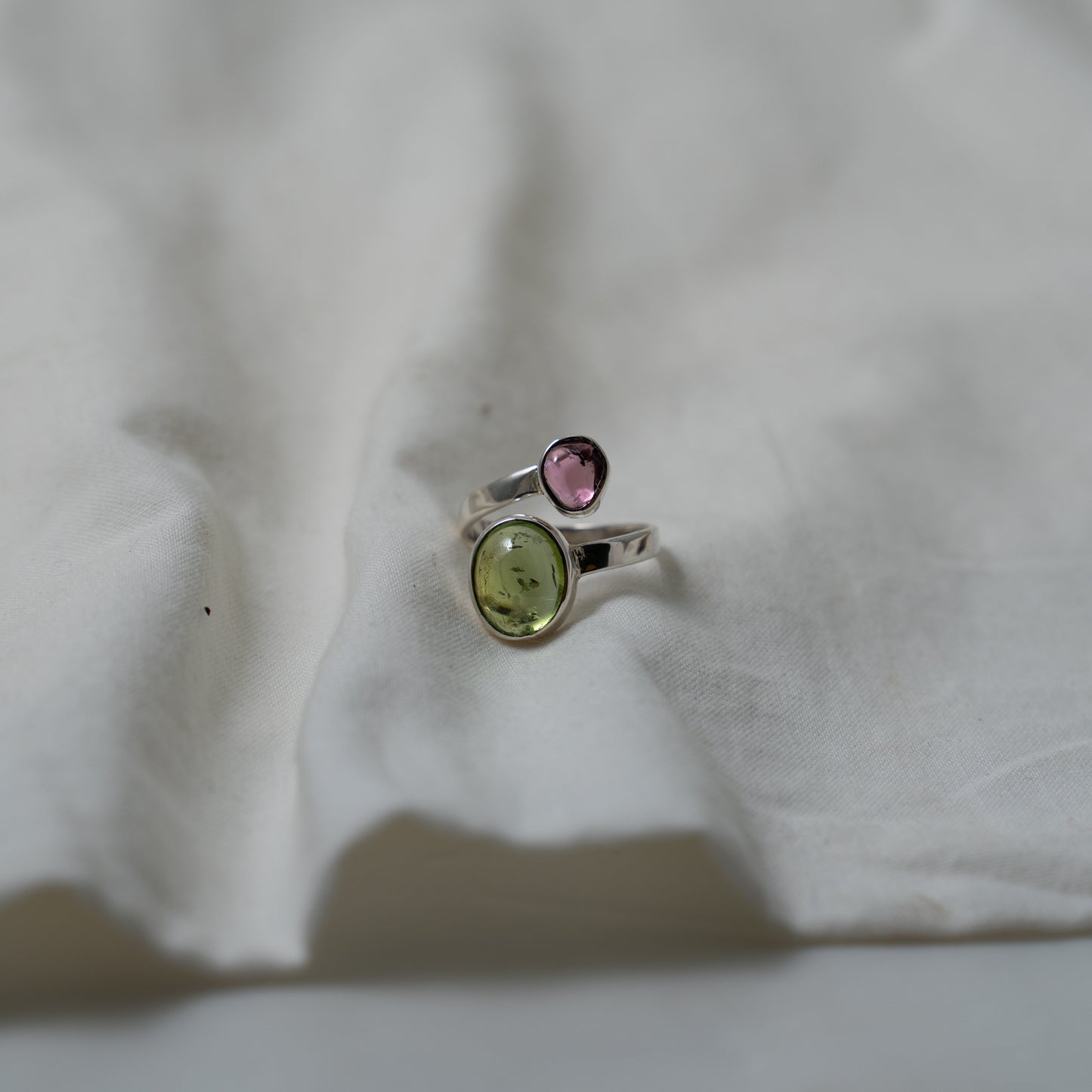 Double tourmaline gemstone silver ring