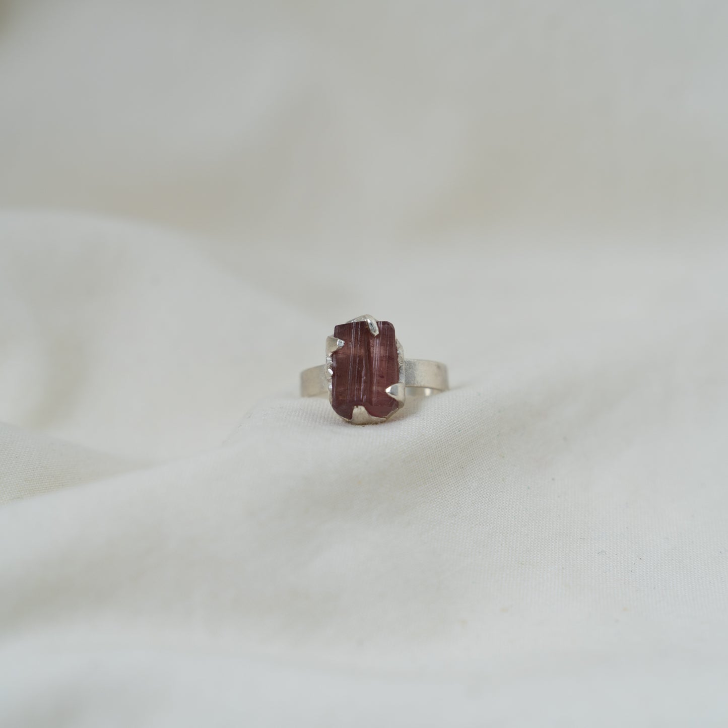 Raw pink tourmaline silver ring